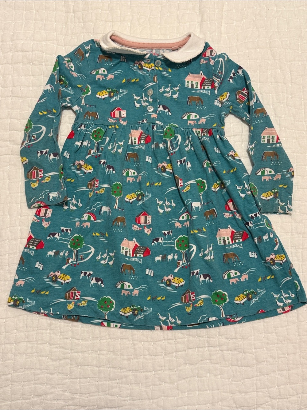 Mini Boden Teal Farm Print Dress with White Peter Pan Collar